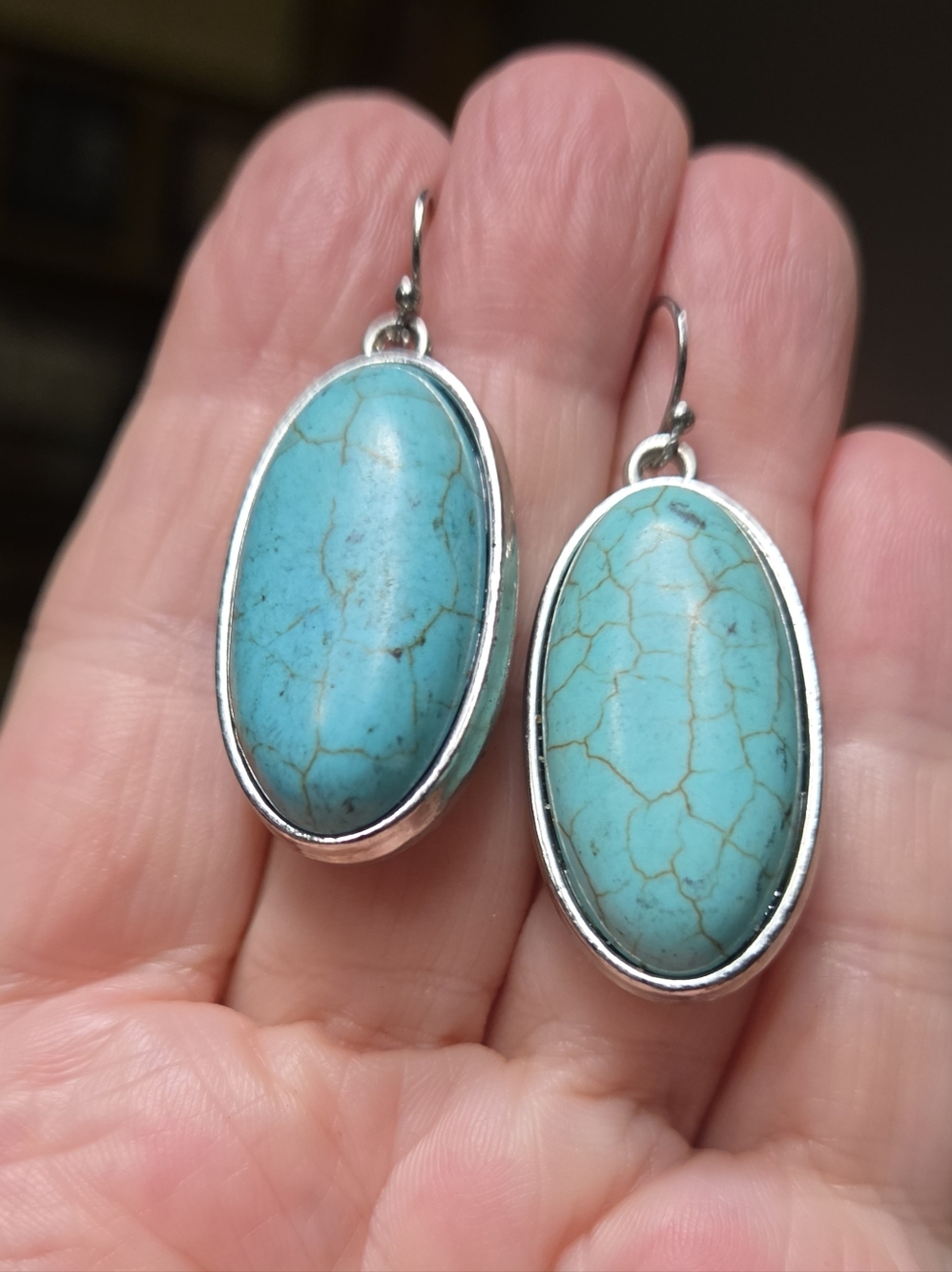 Turquoise Large Natural 22k Oval Drop Silver Earrings - Picture 3 of 8